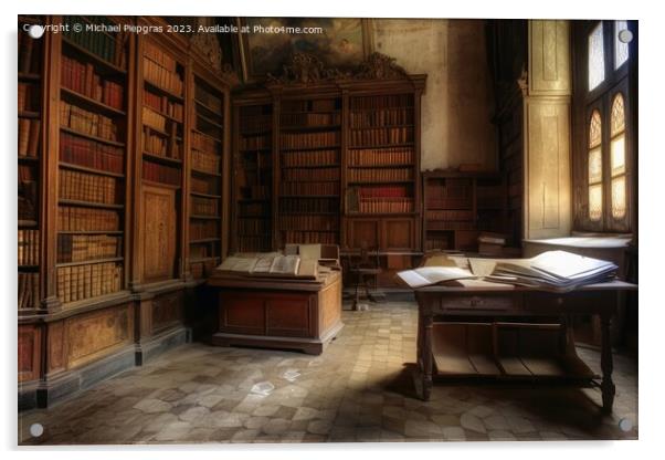 A very old library with many old books created with generative A Acrylic by Michael Piepgras