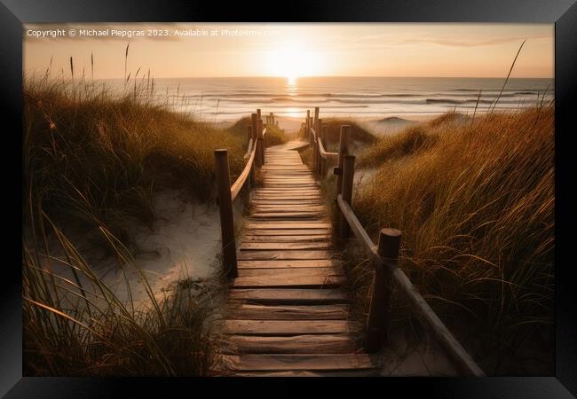 A wooden path to the ocean beach past tall grass during sunset c Framed Print by Michael Piepgras