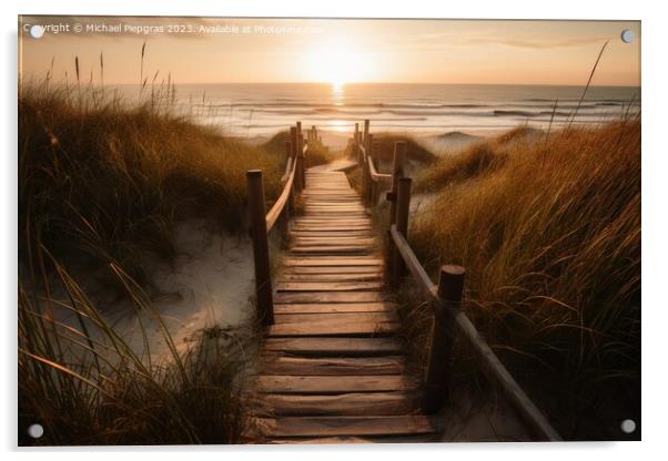 A wooden path to the ocean beach past tall grass during sunset c Acrylic by Michael Piepgras