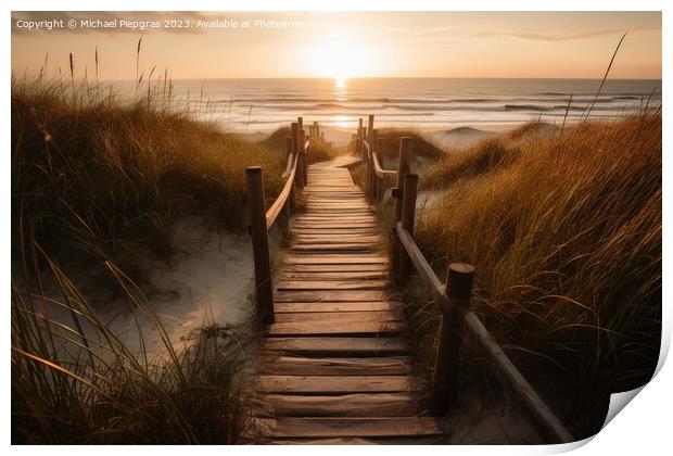 A wooden path to the ocean beach past tall grass during sunset c Print by Michael Piepgras
