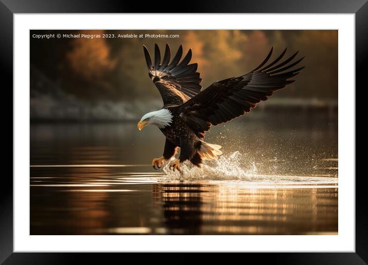An eagle in flight catching fish from a lake created with genera Framed Mounted Print by Michael Piepgras