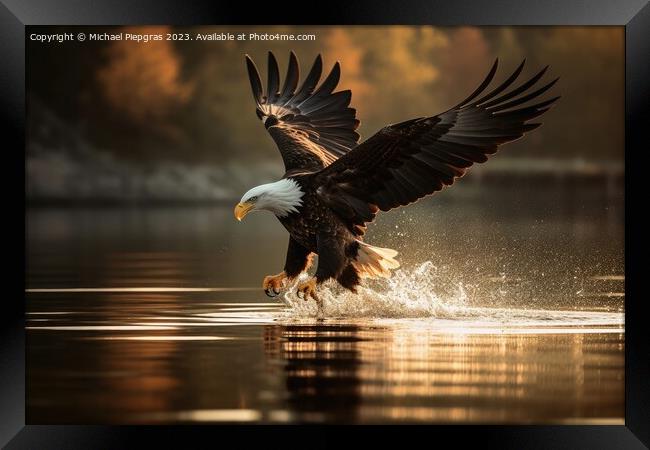 An eagle in flight catching fish from a lake created with genera Framed Print by Michael Piepgras