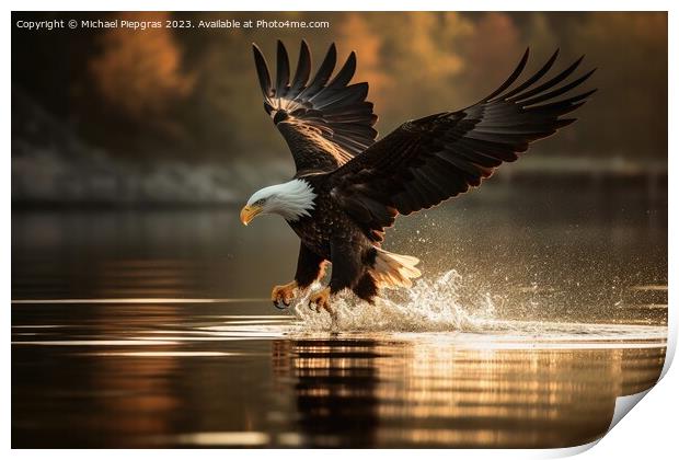 An eagle in flight catching fish from a lake created with genera Print by Michael Piepgras