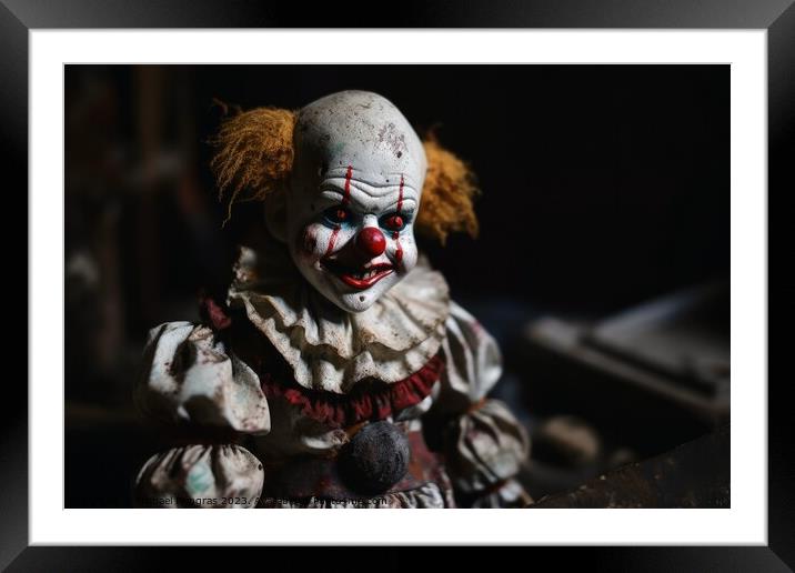 An evil clown doll in a dirty look created with generative AI te Framed Mounted Print by Michael Piepgras