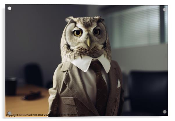 An Owl in a business outfit created with generative AI technolog Acrylic by Michael Piepgras