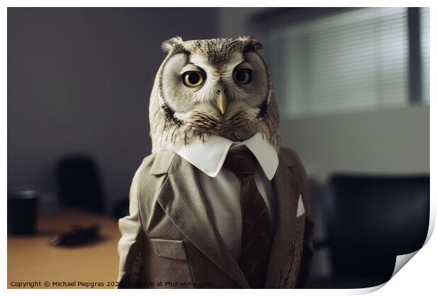 An Owl in a business outfit created with generative AI technolog Print by Michael Piepgras