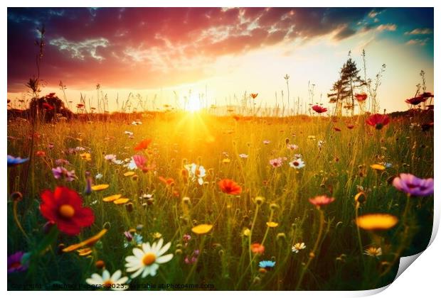 Beautiful meadow with lots of flowers during sunset created with Print by Michael Piepgras