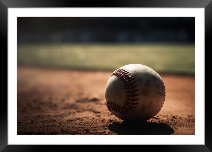 Close up of a baseball with a playfield background created with  Framed Mounted Print by Michael Piepgras