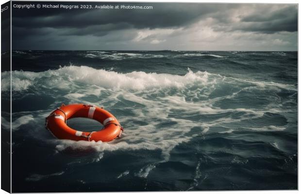 Lifebuoy on a stormy water created with generative AI technology Canvas Print by Michael Piepgras