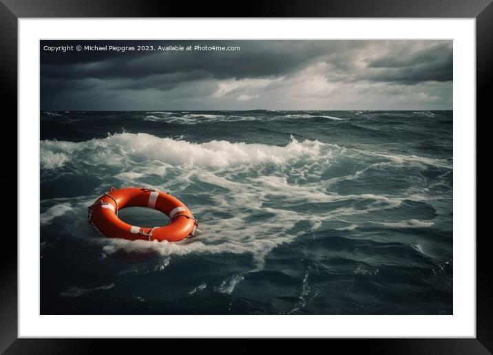 Lifebuoy on a stormy water created with generative AI technology Framed Mounted Print by Michael Piepgras
