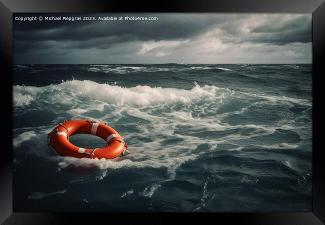 Lifebuoy on a stormy water created with generative AI technology Framed Print by Michael Piepgras