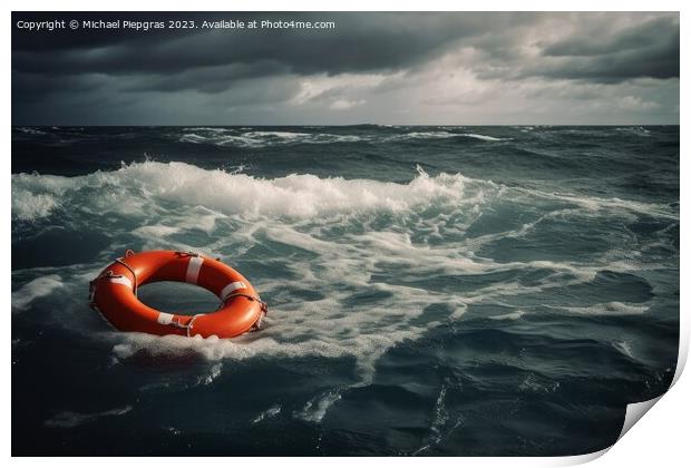 Lifebuoy on a stormy water created with generative AI technology Print by Michael Piepgras