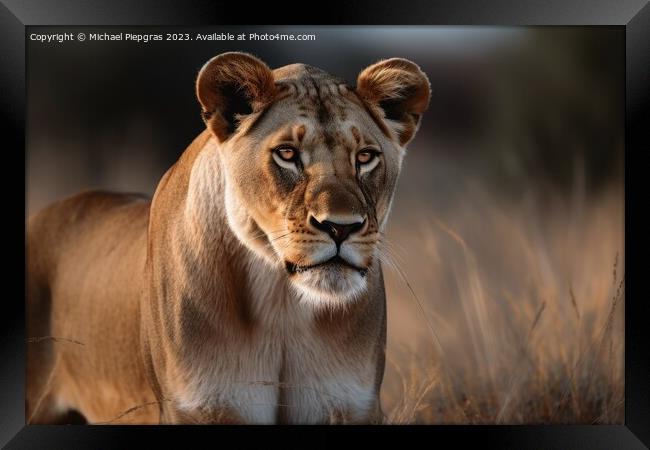A beautiful lioness portrait created with generative AI technolo Framed Print by Michael Piepgras
