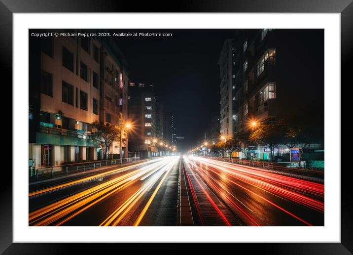 Low angle street view at night with long light trails long expos Framed Mounted Print by Michael Piepgras