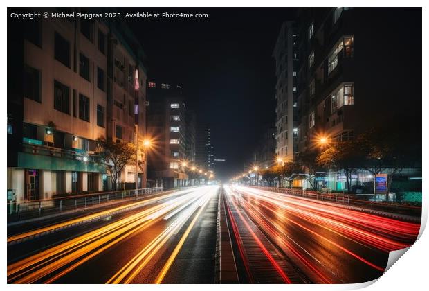 Low angle street view at night with long light trails long expos Print by Michael Piepgras