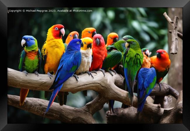 Many colourful different tropical birds sitting together on a br Framed Print by Michael Piepgras