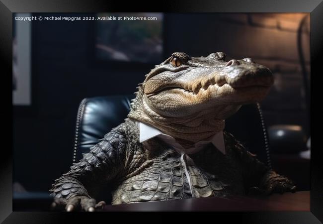 Portrait of a crocodile in a business suit office background cre Framed Print by Michael Piepgras