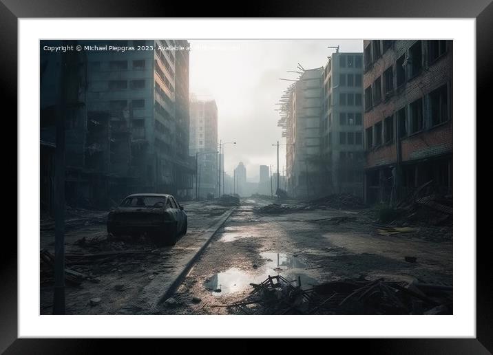 Post apocalyptic and destroyed buildings in a big city created w Framed Mounted Print by Michael Piepgras