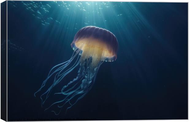 Realistic jellyfish in the depths of the ocean with lightbeams f Canvas Print by Michael Piepgras