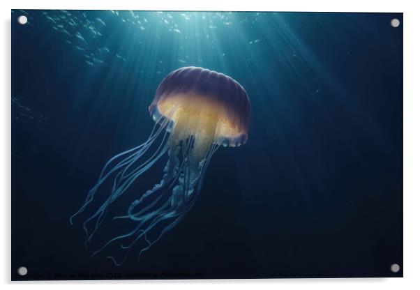 Realistic jellyfish in the depths of the ocean with lightbeams f Acrylic by Michael Piepgras