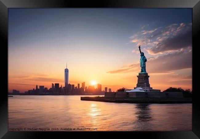 Skyline of Manhattan during sunset in New York with the big Stat Framed Print by Michael Piepgras