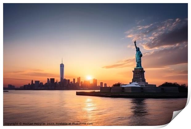 Skyline of Manhattan during sunset in New York with the big Stat Print by Michael Piepgras