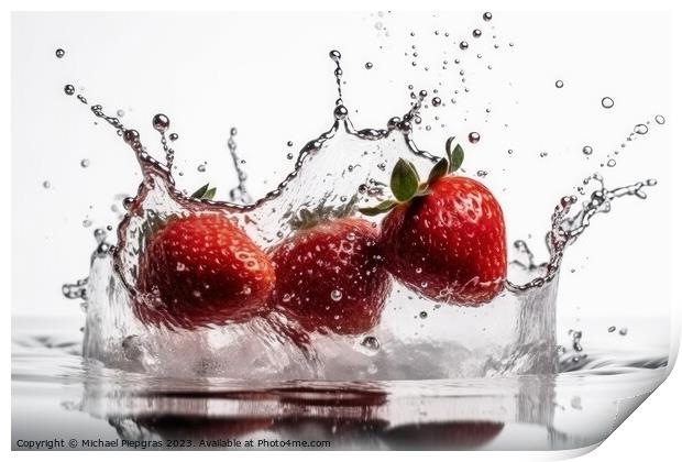 Strawberries falling into water with splashes on a white backgro Print by Michael Piepgras