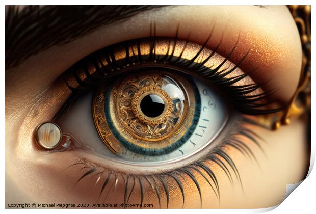 Close up of a female eye in steampunk style created with generat Print by Michael Piepgras