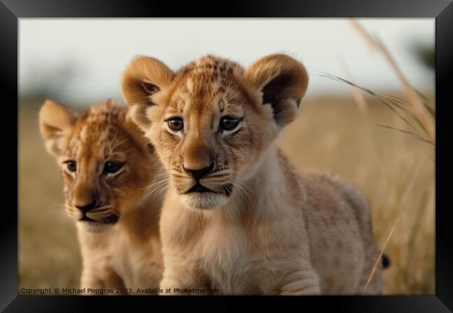 Two cute lion cubs playing in the flat grass of the savannah cre Framed Print by Michael Piepgras