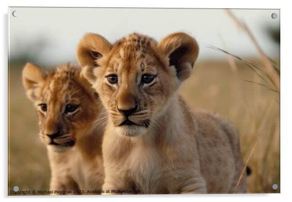 Two cute lion cubs playing in the flat grass of the savannah cre Acrylic by Michael Piepgras