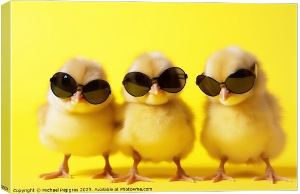 Three yellow chicks with sunglasses created with generative AI t Canvas Print by Michael Piepgras