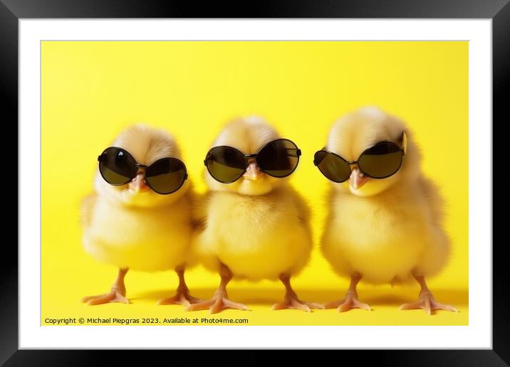 Three yellow chicks with sunglasses created with generative AI t Framed Mounted Print by Michael Piepgras