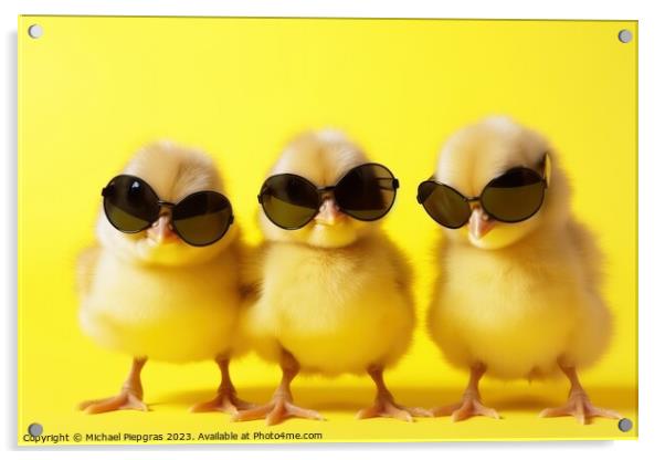 Three yellow chicks with sunglasses created with generative AI t Acrylic by Michael Piepgras