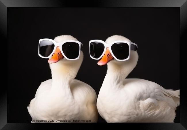 Two cool goose wearing sunglasses created with generative AI tec Framed Print by Michael Piepgras