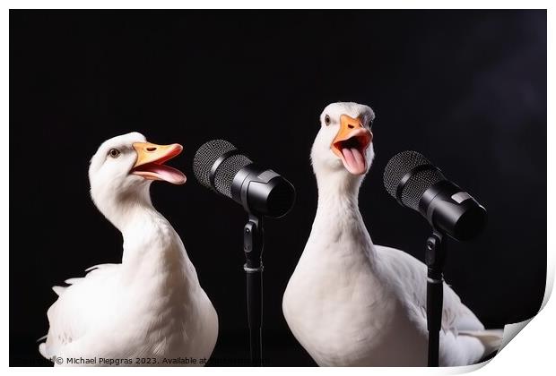 Two white goose singing a song created with generative AI techno Print by Michael Piepgras