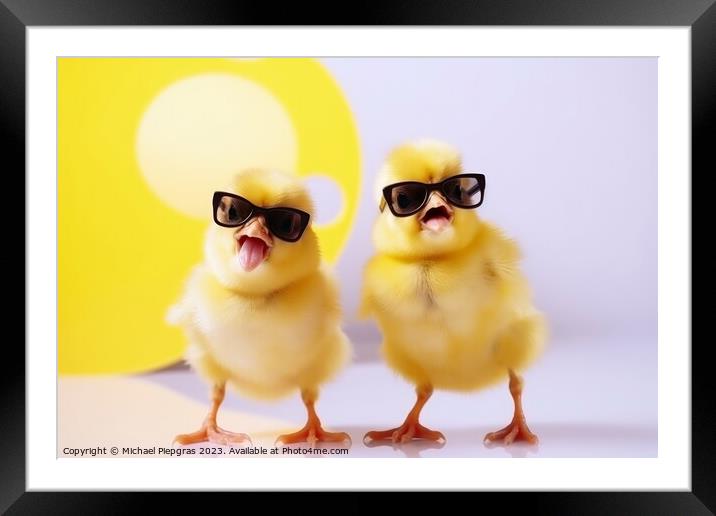 Two yellow chicks with sunglasses singing a song created with ge Framed Mounted Print by Michael Piepgras