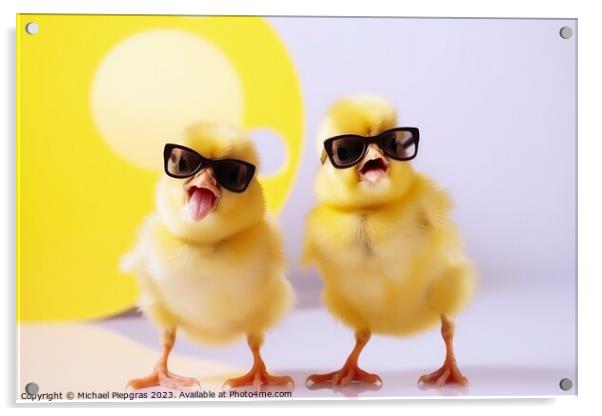 Two yellow chicks with sunglasses singing a song created with ge Acrylic by Michael Piepgras