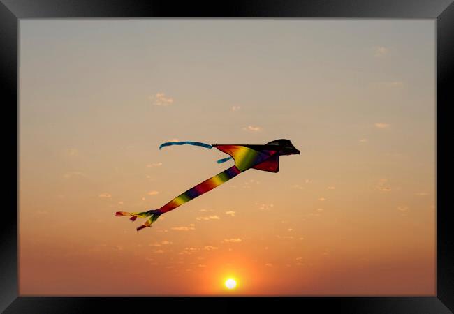 Kite Flying at Sunset Framed Print by Glen Allen