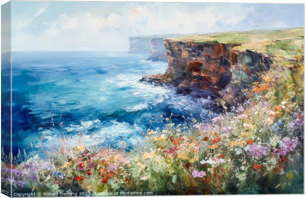 Cliffs Sea and Wild Flowers One Canvas Print by Robert Deering