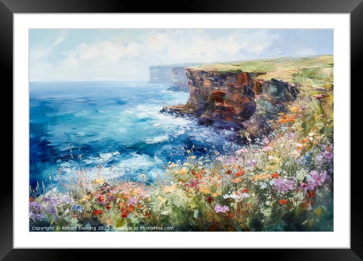 Cliffs Sea and Wild Flowers One Framed Mounted Print by Robert Deering