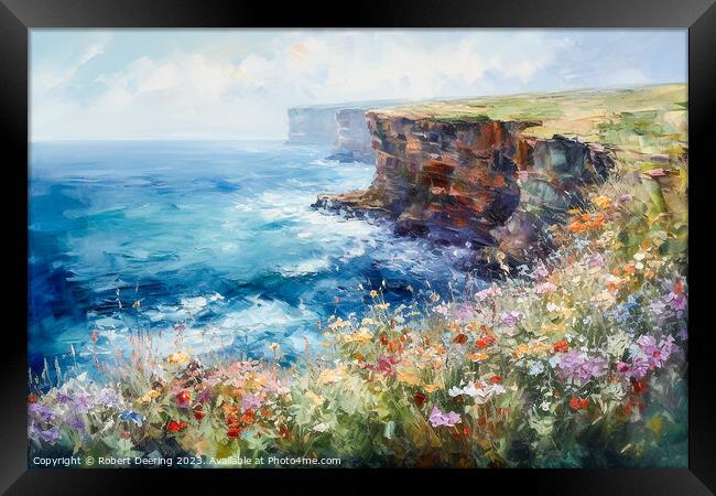 Cliffs Sea and Wild Flowers One Framed Print by Robert Deering
