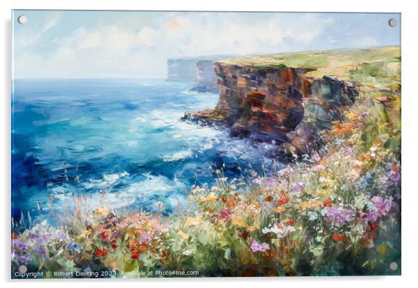 Cliffs Sea and Wild Flowers One Acrylic by Robert Deering