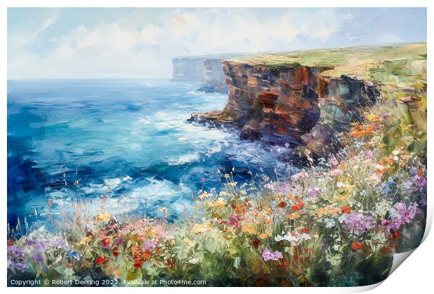 Cliffs Sea and Wild Flowers One Print by Robert Deering