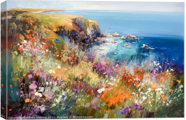 Cliffs Sea and Wild Flowers Two Canvas Print by Robert Deering