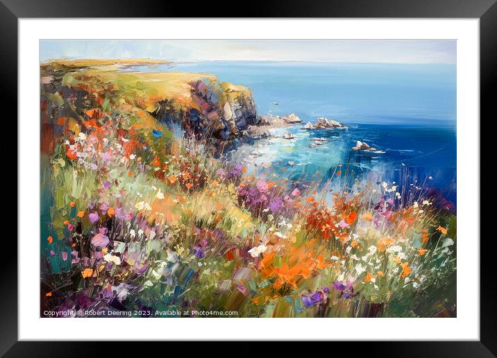 Cliffs Sea and Wild Flowers Two Framed Mounted Print by Robert Deering