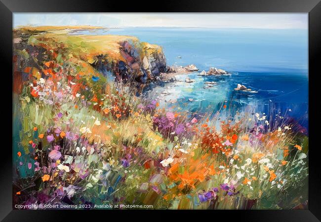 Cliffs Sea and Wild Flowers Two Framed Print by Robert Deering