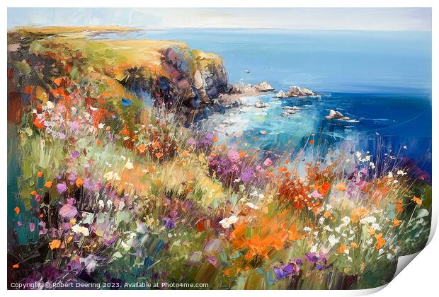 Cliffs Sea and Wild Flowers Two Print by Robert Deering