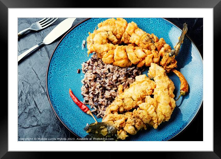 Breaded fish and rice on the plate. Framed Mounted Print by Mykola Lunov Mykola