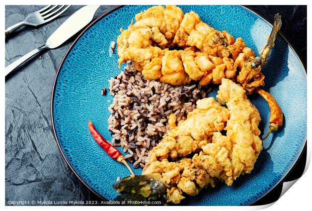 Breaded fish and rice on the plate. Print by Mykola Lunov Mykola
