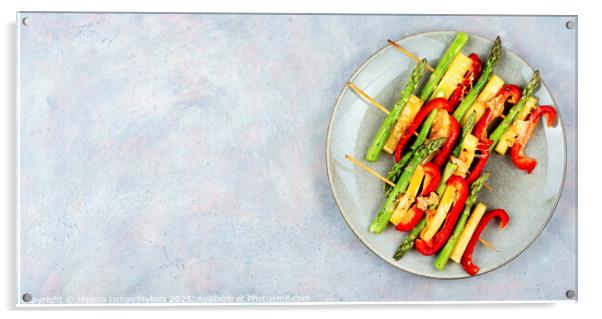 Vegetable skewers on skewers, space for text. Acrylic by Mykola Lunov Mykola